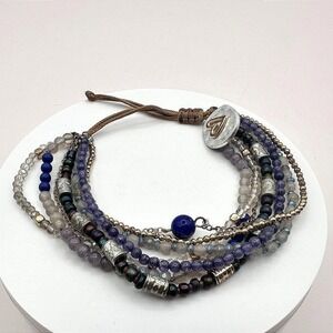 Vintage‎ 70s Beaded Indigo Bracelet Multi-strand Blue Glass Heart Charm Jewelry